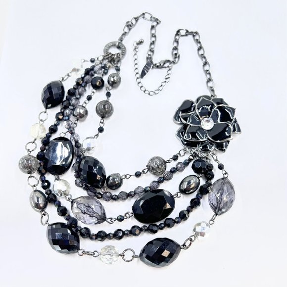 NY & CO - Multi Layered Enameled Black Flower Beaded Gunmetal Tone 16” Necklace - Picture 2 of 10